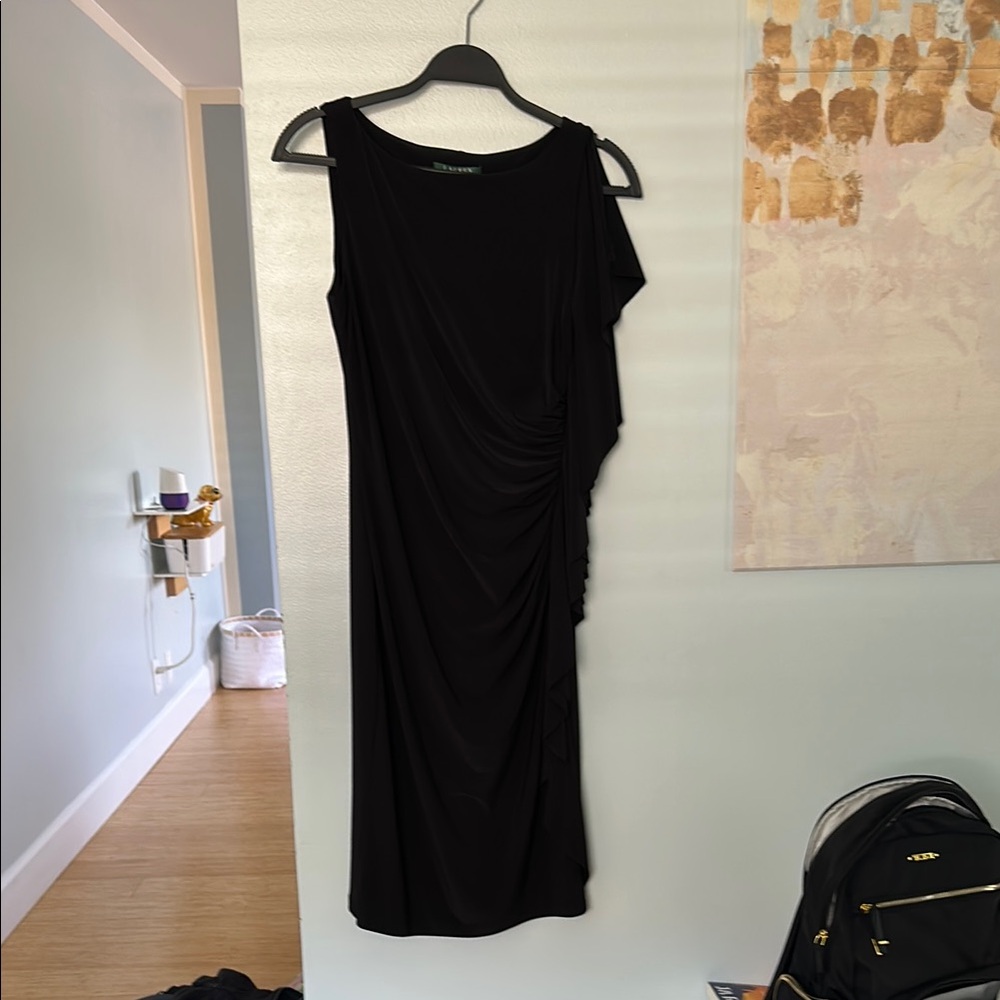 Ralph Lauren Black Ruched One Shoulder Midi Dress